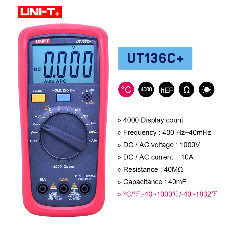 UT136C UNI-T UT136B+/UT136C+ мультиметр Цифровой мультиметр тестер AC DC Вольтметр Амперметр Ом Емкость HFE диод/Транзистор тестер - Цвет: UT136C