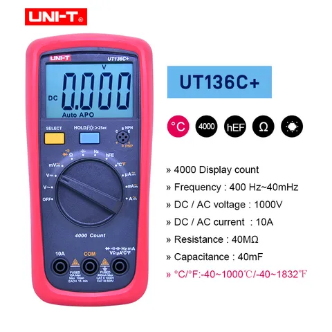 UNI-T UT136B +/UT136C + мультиметр Цифровой мультиметр тестер AC DC Вольтметр Амперметр Ом Емкость HFE тестер диодов/транзисторов