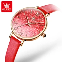 olevs fashion grace watch for women quartz watch womans wine red leather strap waterproof ladies gift watch 6643
