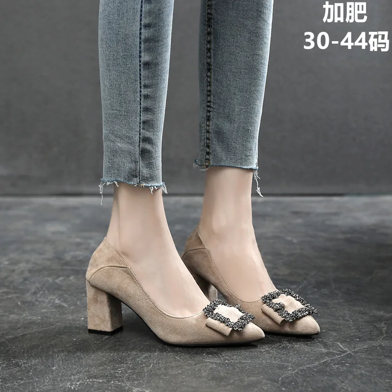 

Thick High Heels Pointed Toe Square Buckle Women's Single Shoes with Rhinestones