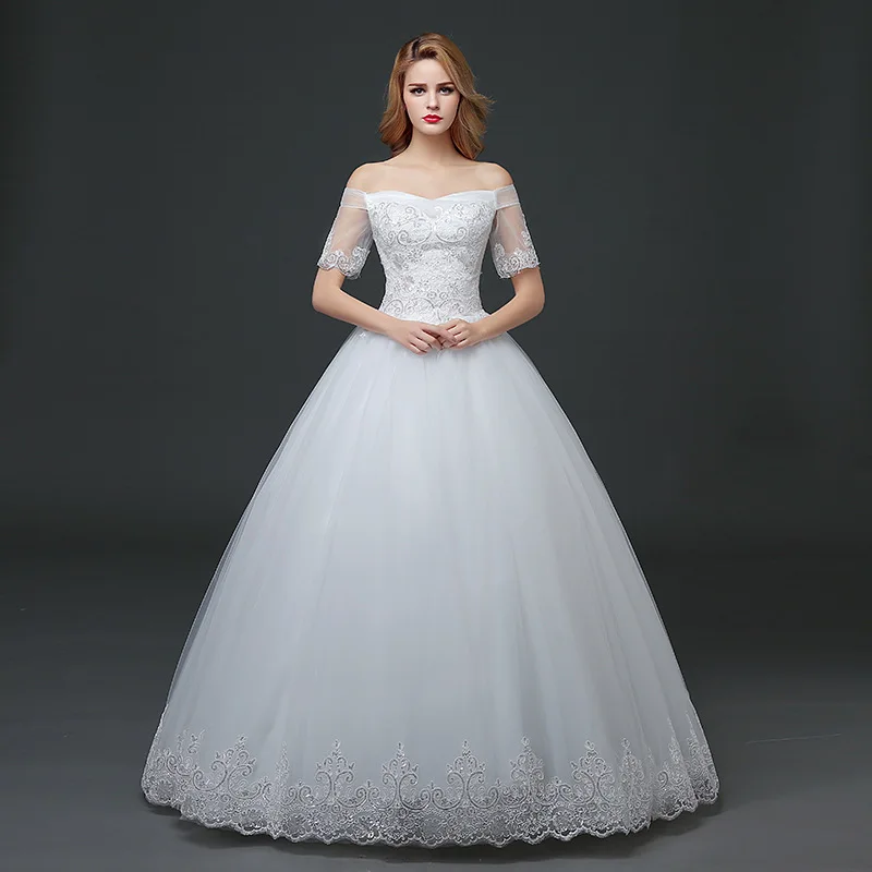 

Новое свадебное платье в Корейском стиле с открытыми плечами и короткими рукавами, свадебное платье большого размера