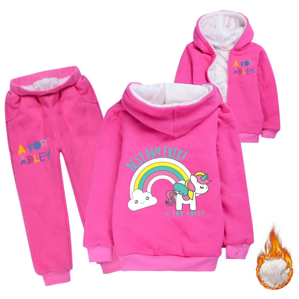 Teen Girls Clothing Winter Kids Sets Solid Color Plus fleece Warm Jacket+pants Casual Children's Sweatershirt Sport Boy Clothing