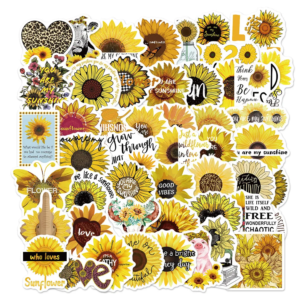 

50PCS Sunflower Cartoon Beautiful Stickers Waterproof PVC Decal to DIY Scrapbook Laptop Guitar Skate Yellow Girls Toy Sticker