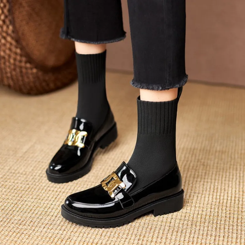 

Ochanmeb, размер 33-44, эластичные вязаные ботинки-носки, женская черная и Бежевая обувь для осени и зимы, блестящие ботинки из лакированной кожи с ...