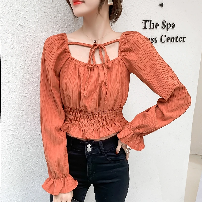 

Women Shirts Blouses 2021 Slash Neck Lace Up Blouse Tops V-Neck Long Sleeve Elastic Band Chic Woman Blusa White Spring Summer