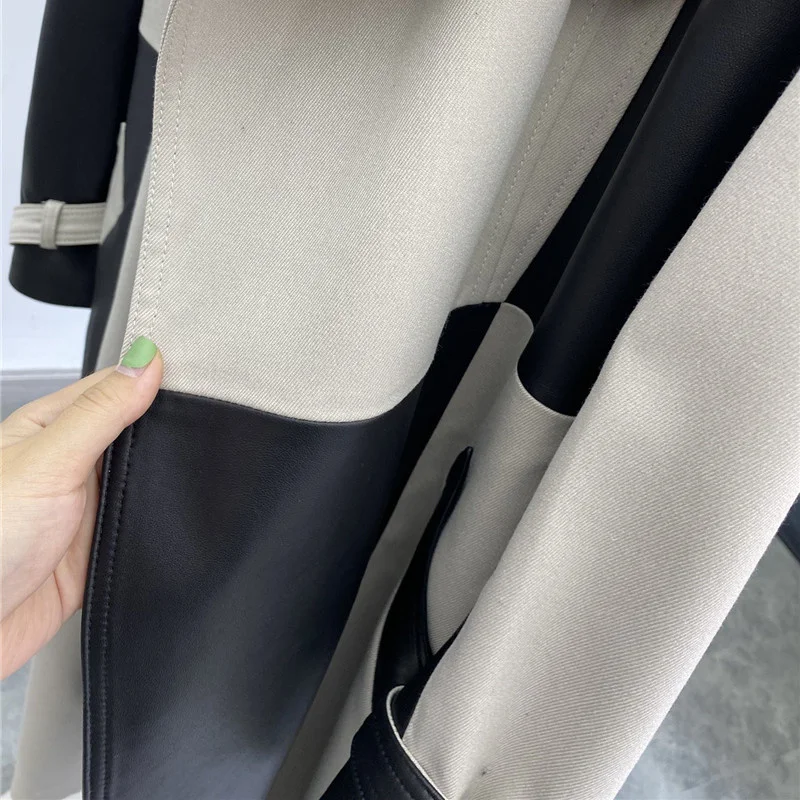 Women Long Genuine Leather Coat Ladies Real Sheepskin Windbreak Natural Lambskin Trench Contrast color