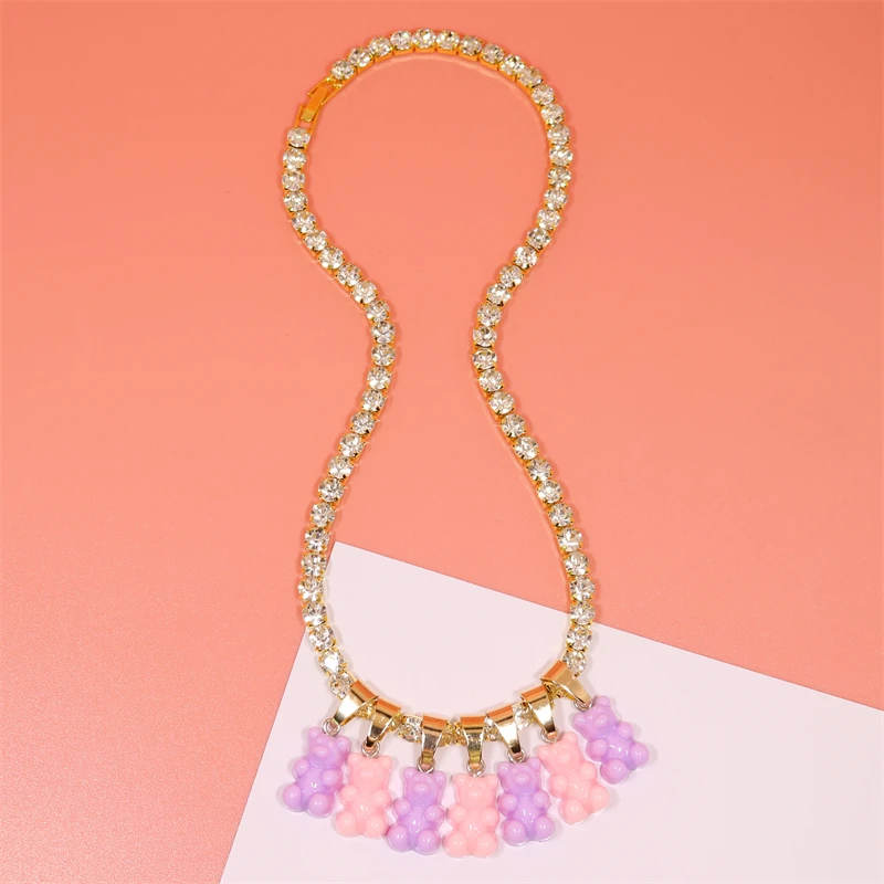 

Rainbow Colorful Jelly Teddy Bear Charm Rhinestone Necklace Hip Hop Gummy Pendant Crystal Gold Color Chain Necklace Jewelry