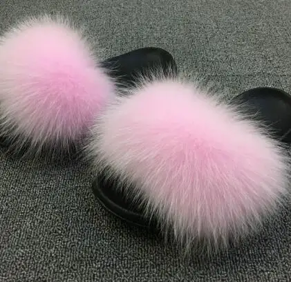 Light Pink Женские меховые Тапочки большого размера; женские шлепанцы без задника с натуральным лисьим мехом; домашние сандалии с лисьим мехом; женские меховые тапочки; женская домашняя обувь на плоской подошве - Цвет: Light Pink