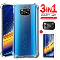 transparent silicone shockproof case for poco x3 pro tempered glass pocox3 nfc poxo poko little x 3 camera protection film cover