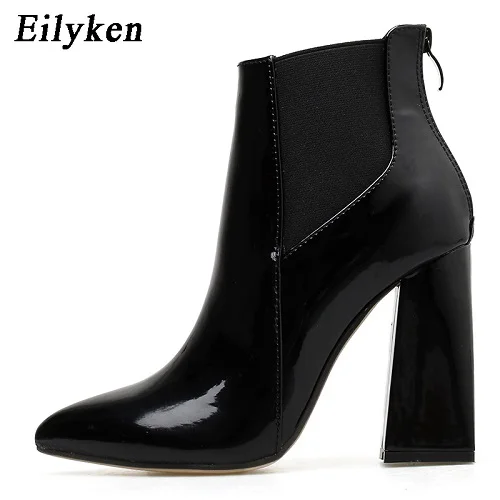 Black Eilyken/женские ботильоны на высоком толстом каблуке; обувь на молнии с квадратным носком; женские ботинки из искусственной лакированной кожи; женская обувь; Новинка года; Цвет Черный - Цвет: Black