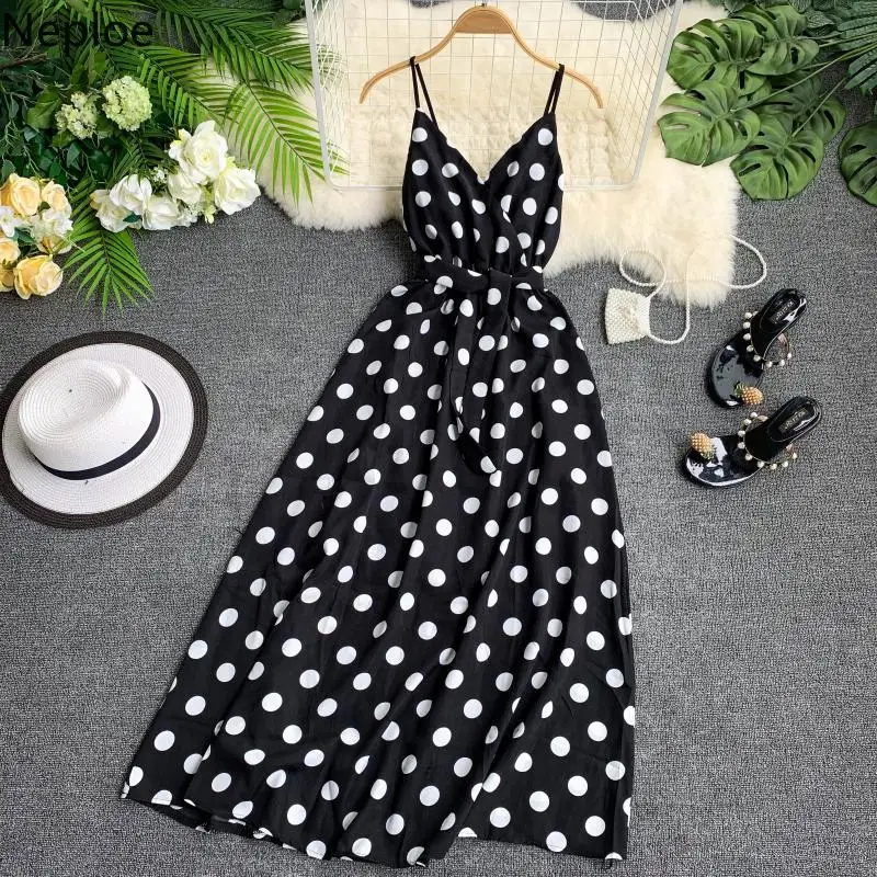 Neploe Dot Print Лето, женское платье, шикарное, большое крыло, Топики, Vestidos, Ретро стиль, v-образный вырез, открытая спина, шнурок, пляжные платья 43349