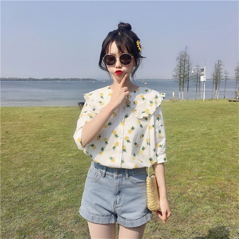 

Korean Chiffon Chic Blouses Style Summer Autumn Basic Shirts Single-Breasted Button Floral Print Cute Women Tops M122