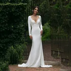 Женское свадебное платье с длинным рукавом, Белое Прозрачное платье с V-образным вырезом и кружевной аппликацией на спине, 2022