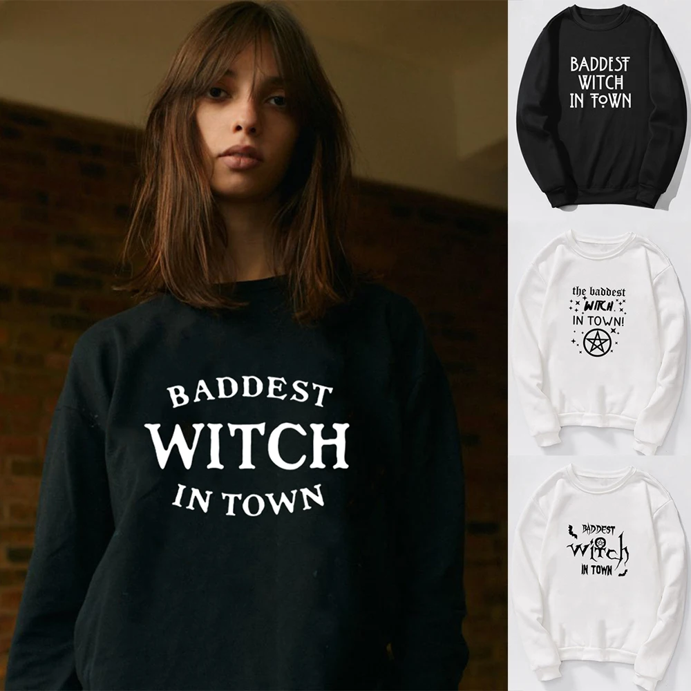 

Женский свитшот Baddest Witch In Town, в стиле Харадзюку, готический уличный пуловер с круглым вырезом, зима