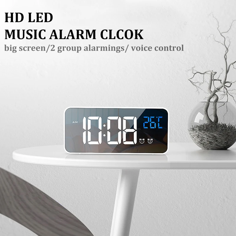 

Rechargeable LED Mirror Digital Alarm Clocks Muti Function Snooze Temperature Display Sound-Activated Music Clock With 2 Alarms