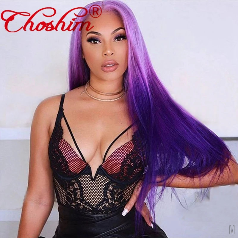 Парик из человеческих волос Омбре розового фиолетового синего цвета для женщин