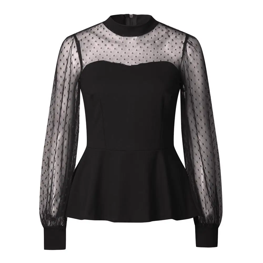 Женская блузка с длинным рукавом в сеточку топ рубашка горошек