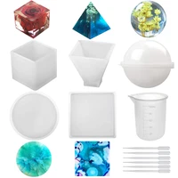 2021 new 11pcs 3d geometric silicone resin molds handamde diy mould with 1 measuring cup 5 plastic pipettes for resin epoxy