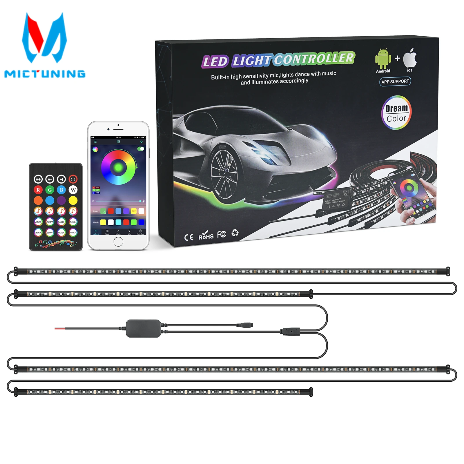 MICTUNING 12V LED Underglow Lights Neon Accent Lights Strip Undercar Glow Light Underbody Light Wireless Remote Control Lights