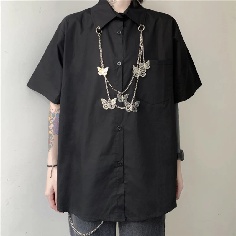 

JMPRS Fashion Women Shirt Summer Short Sleeve Gothic Butterfly Chain White Black Ladies Tops Streetwear Designed Girls Shirts