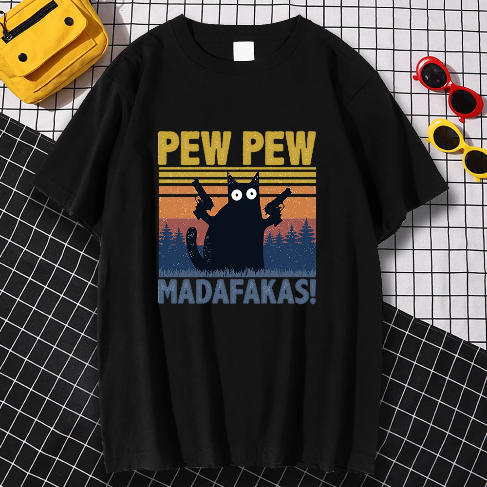 

Kohpweran Harajuku Pew Pew Madafakas Black Cat Funny Print Men T-Shirt Fashion Oversize Tops Summer Simplicity Tee Clothing