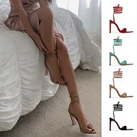 2021 european and american new womens casual lace up pointed open toe sandals ladies fashion 11cm thick high heels in stock