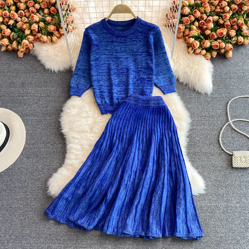 

Autumn And Winter New Round Neck Pullover Knitted Sweater Tops + High Waist Pleated Skirts Solid Color Casual Two-Piece Sets