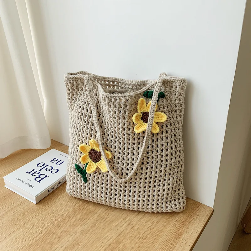

Casual Totes Women's Bag Shopper Laege Capacity Simple Fashion Knitting Cute Floral String Designer Handbags Women Shoulder Bags