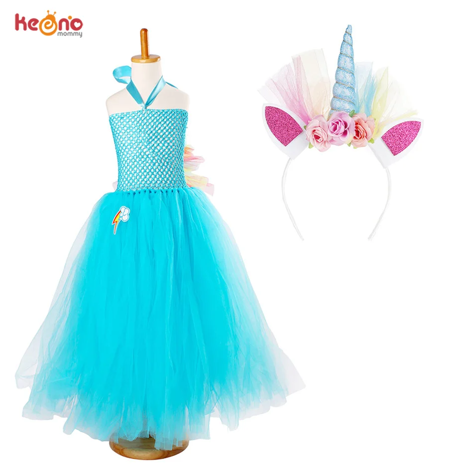 Blue Girls Tutu Dress Flower Unicorn Headband Baby Fluffy Tulle Robe Kids Girl Performance Halloween Costume Vestidos Clothes | Детская