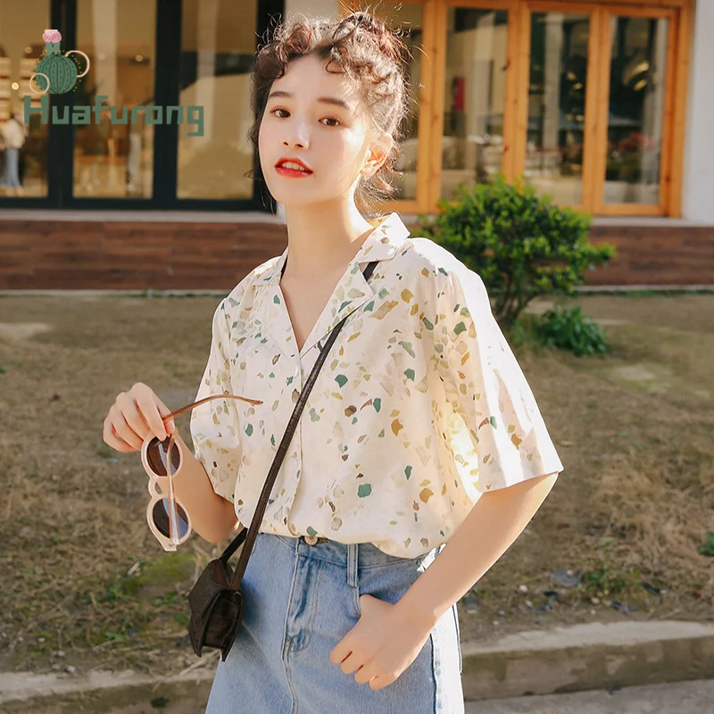 

Short-sleeved Printed Shirt Women Summer 2021 New Korean Cute Turn-down Collar Loose Top With Buttons Blouse Female