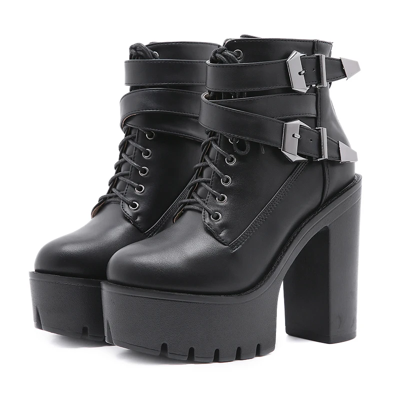 

Женские черные ботильоны в готическом стиле на платформе, обувь на шнуровке, с пряжкой, с ремешками крест-накрест босоножки на толстом устой...