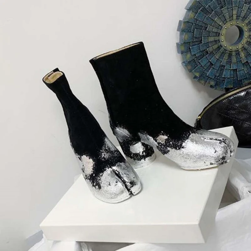 

Женские Ботильоны на каблуке, серебристые ботильоны с разрезом и круглым носком, в стиле пэчворк, роскошные брендовые дизайнерские, для зим...