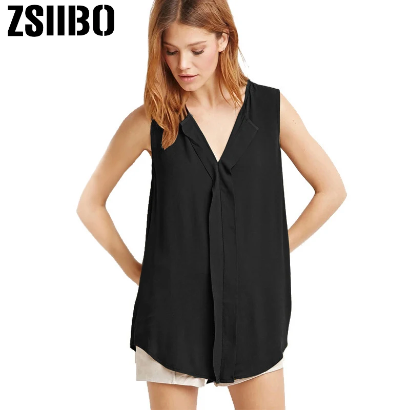 Женская блузка без рукавов с глубоким v образным вырезом Повседневная однотонная
