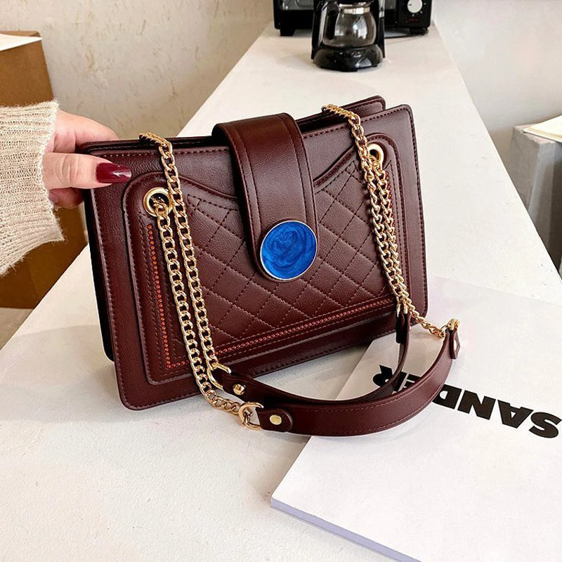 

Stylish Chain Shoulder Bag For Women 2020 Branded Designer Shoulder Bag Female Small PU Leather Handbags Purse Plaid Vintage