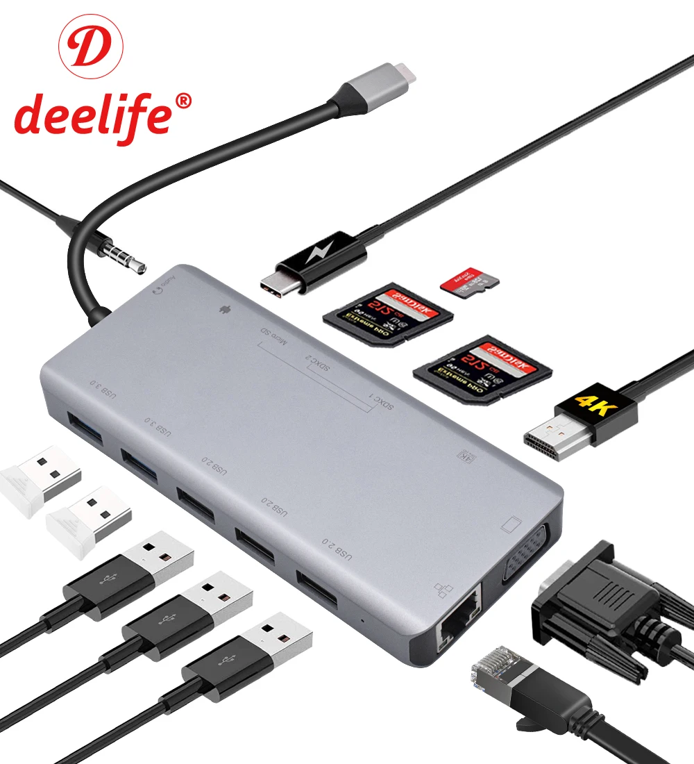 Док станция Deelife с USB C 13 портов HDMI RJ45 VGA AUX PD USBC хаб для ноутбука Macbook Pro разъемом