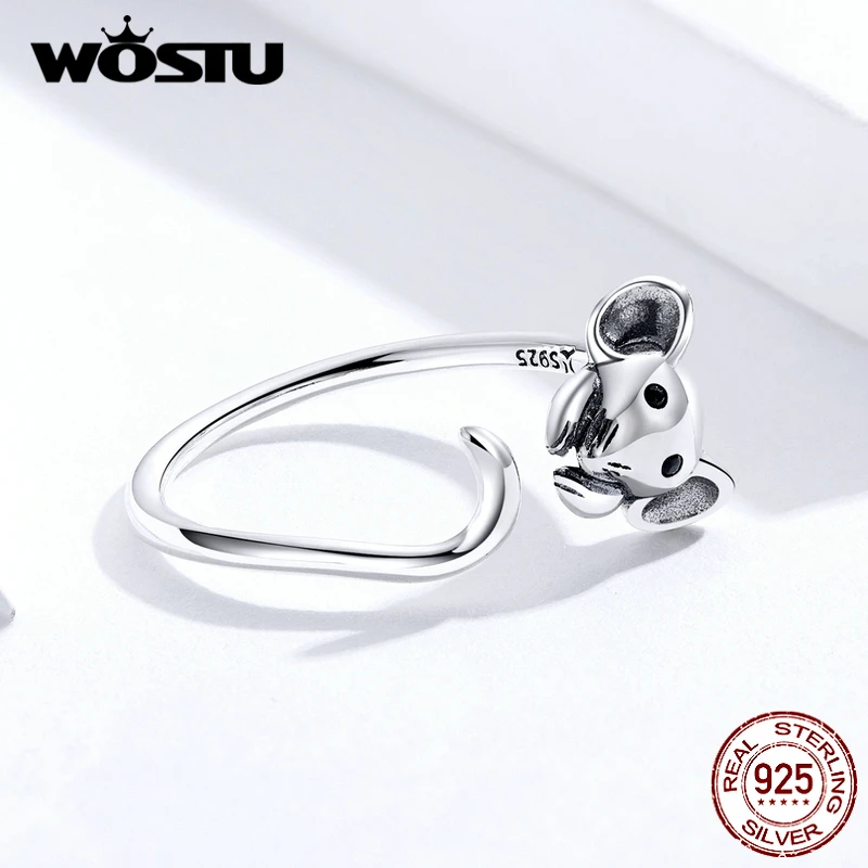 WOSTU, Настоящее серебро, 925 пробы, милая мышь, открытые, кольца на палец для девушек, для женщин, модные ювелирные изделия CQR632