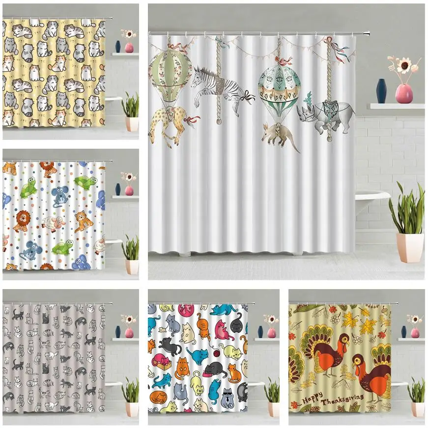 

Peacocks Animal Shower Curtain Hot Air Balloon Giraffe Elephant Owl Cat Flower Tree Plant Leaf Children Bathroom Waterproof Set