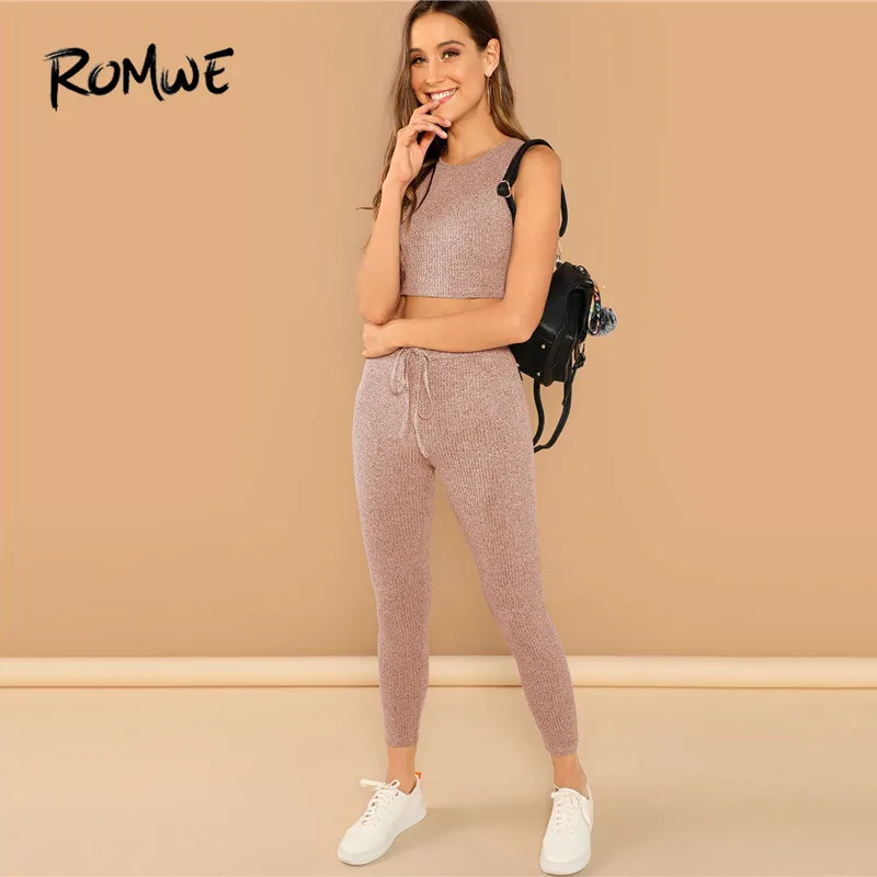 Romwe Спорт Серый шнурок Heathered из двух частей женский вязальный резервуар укороченный топ и леггинсы женские спортивные костюмы тренажерный зал обучение 2 шт