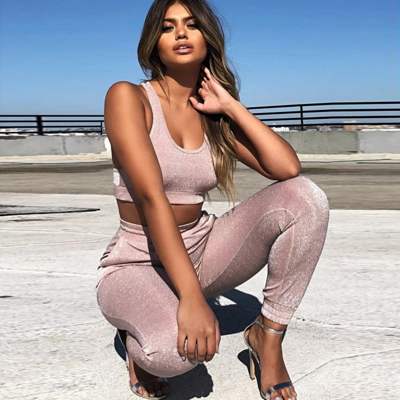 

CHRLEISURE Sexy Short Two Piece Set Crop Tops And Casual Women Pants Pink Bodycon Matching Sets Summer Clothes For Women