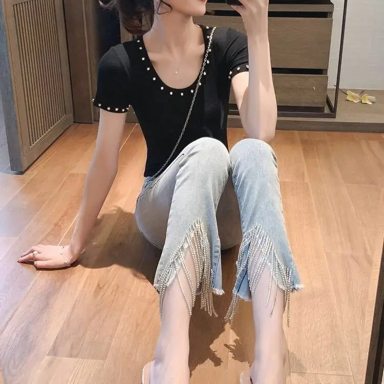 Women Jeans With Beads Tassel Rhinestones Vintage Skinny High Waist Stretchy Petite Ankle Elastic Denim Pants | Женская одежда