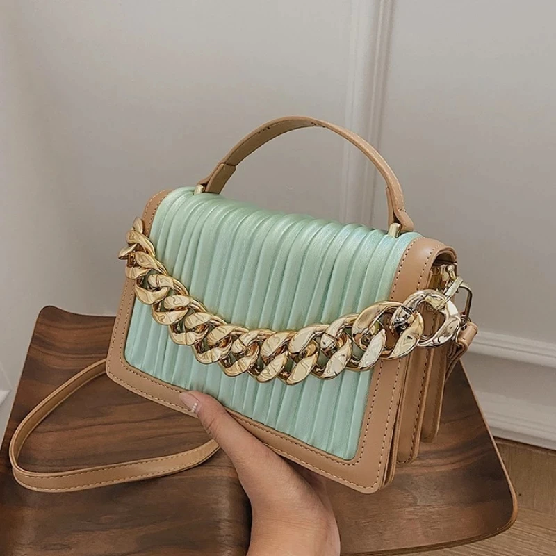 

Pleated PU Leather Handbag Luxury Brand Thick Chain With Handle Shoulder Bags for Woman 2021 Small Square Bag Sac A Main