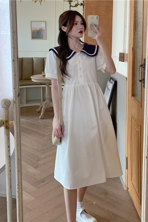 

COIGARSAM Short Sleeve Women dress Loose Sailor Collar High Waist Panelled Dresses 9939-1