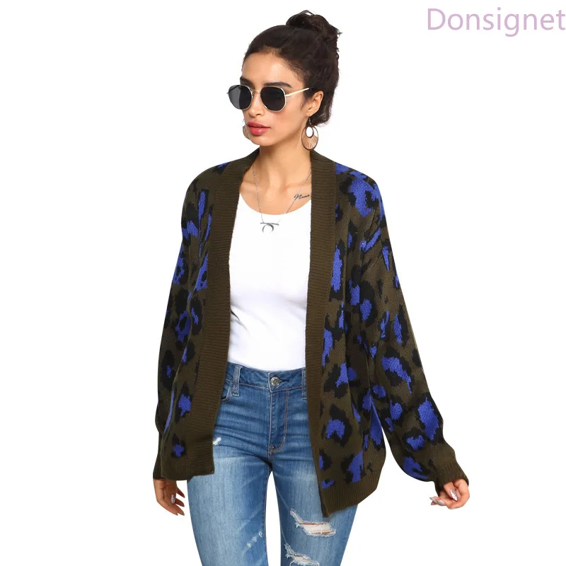 

Donsignet Women's Sweater New Fashion V-neck Cardigan Leopard Print Loose Large Size Knitted Long Sleeve Sweater Womens clothing