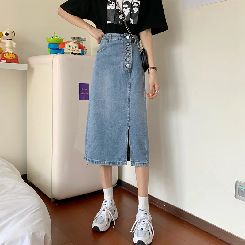 

Light-Colored Denim Skirt for Women Summer 2021 New Spring and Autumn Mid-Length Small A- line Skirt Split Hip Skirt