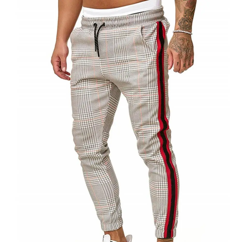 

Men Baggy Pants Drawstring Baggy Jogger Pants Men Casual Pocket Stripe Plaid Print Drawstring Long Pants Ankle-Tied Trousers