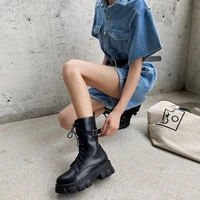 fashion thick soled motorcycle boots womens black pu leather thick ankle boots womens autumn and winter thick soled botas muje
