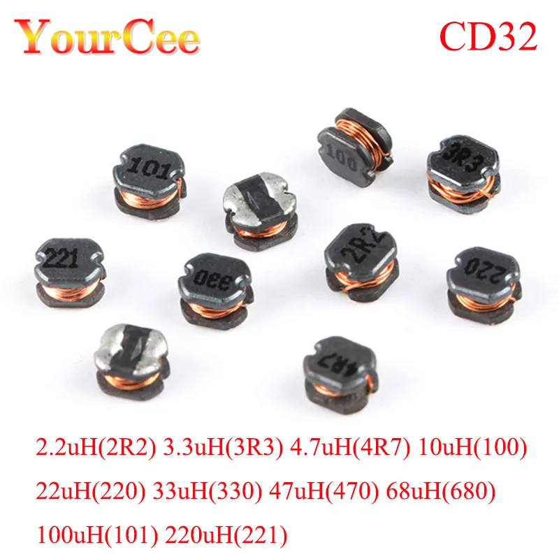 10 шт./лот CD32 индуктор 2.2uH 3.3uH 4.7uH 10uH 22uH 33uH 47uH 68uH 100uH 220uH SMD силовой 0.8A индуктивность