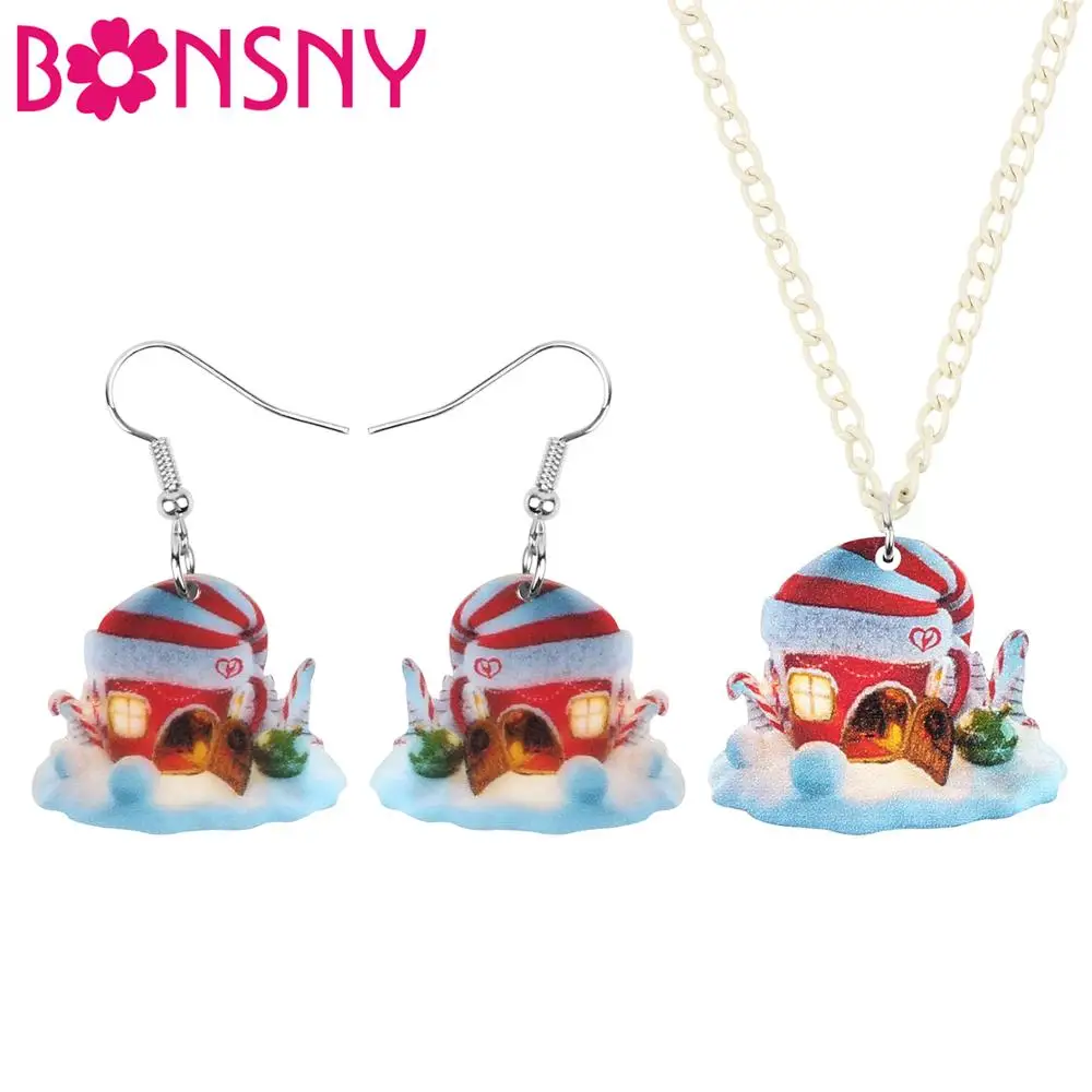 Bonsny Acrylic Christmas Anime Snow House Castle Jewelry Sets Necklace Earrings Decoration For Women Girl Teen Kids Gift | Украшения и