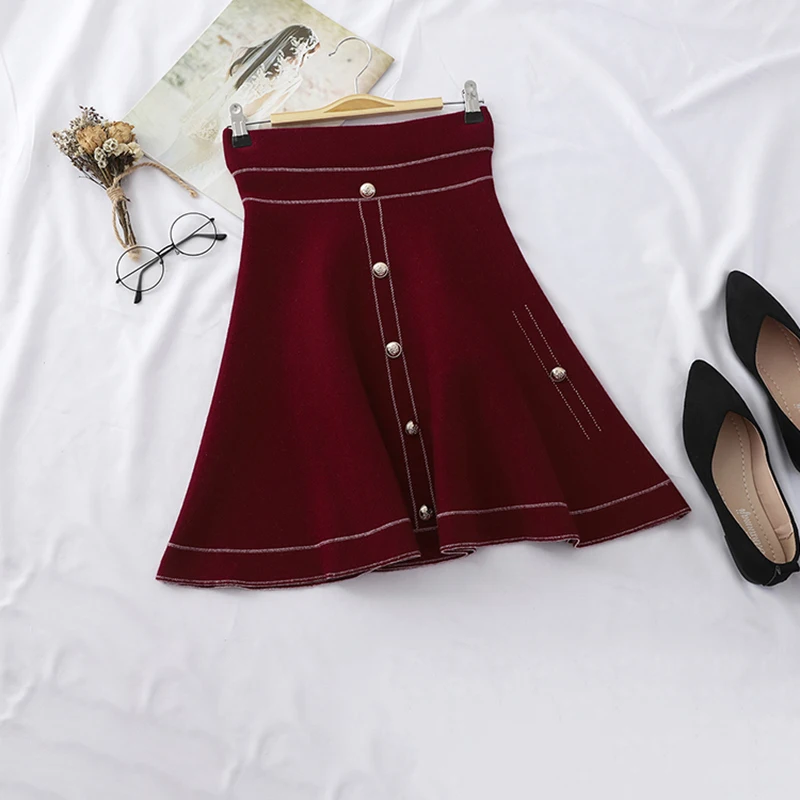 Зимние вязаные юбки а силуэта женские с высокой талией на пуговицах Модные