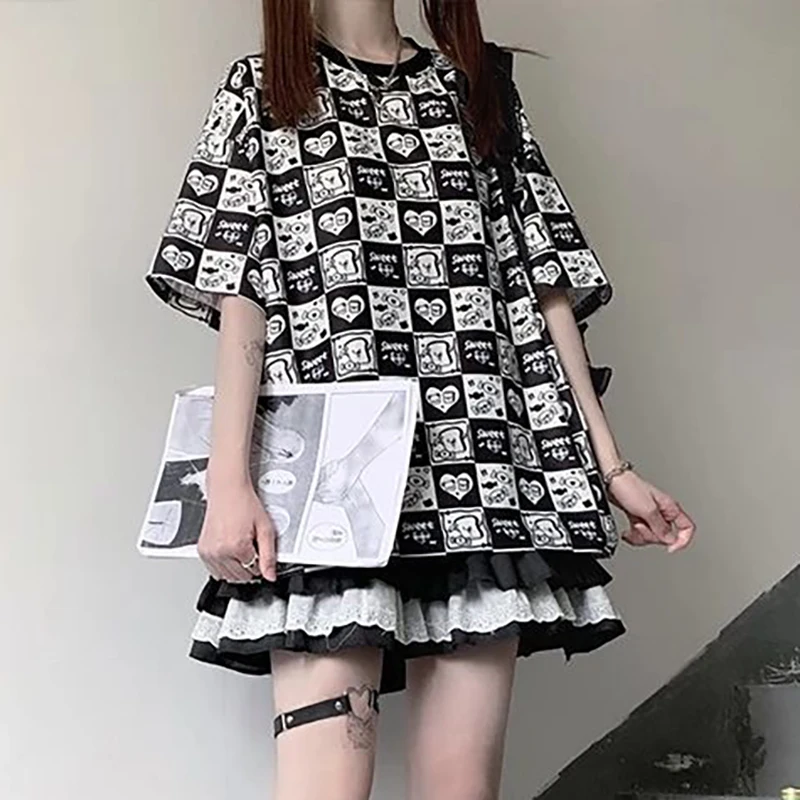 

Harajuku Woman T-shirts Fashion 2021 Alt Clothes Aesthetic Cartoon Print Top Female MINGLIUSILI Japanese Style Casual Tee Shirt